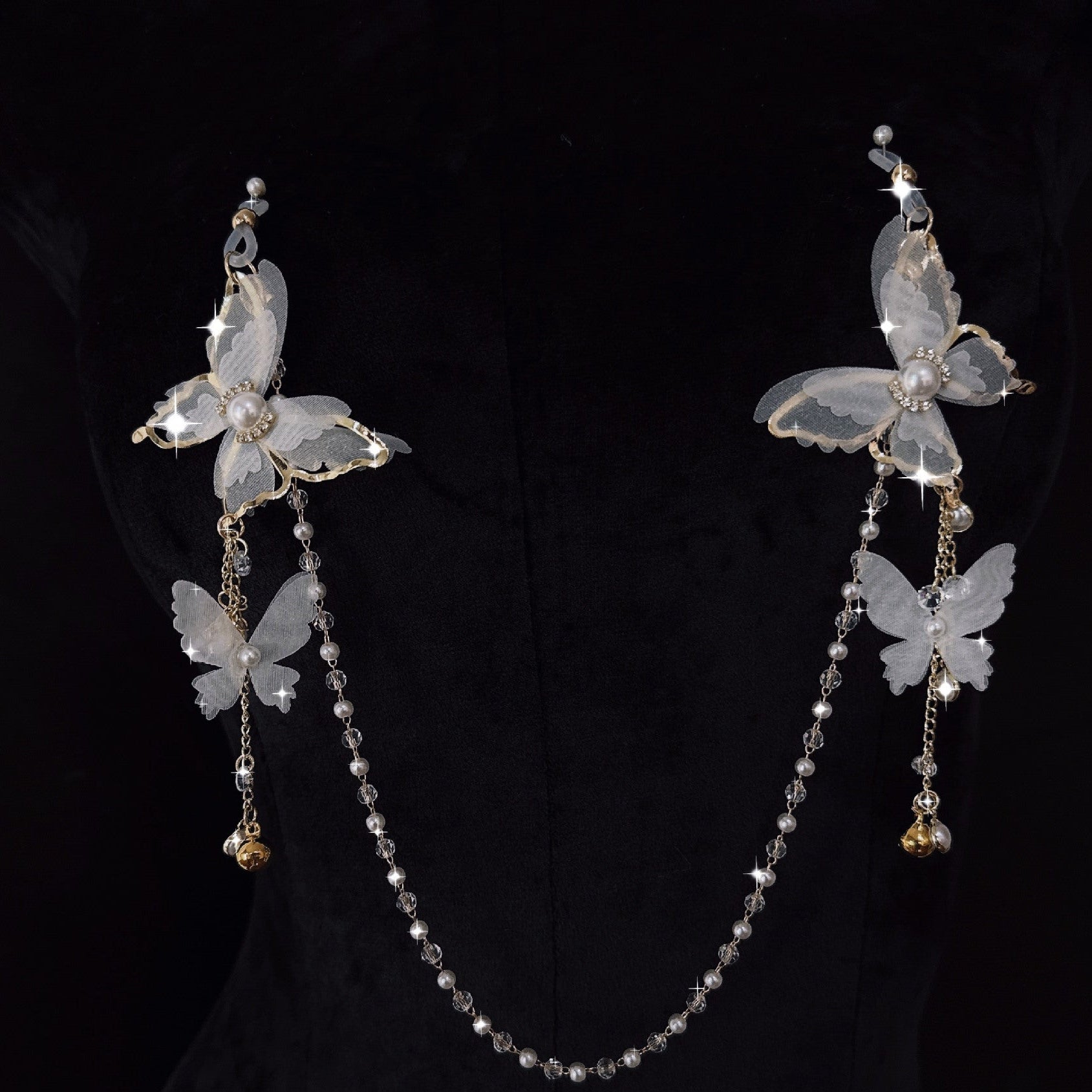 Image of sex toysbell butterfly nipple clip lace pearl sm stimulation nipple training nipple titty clamp butt plug tail